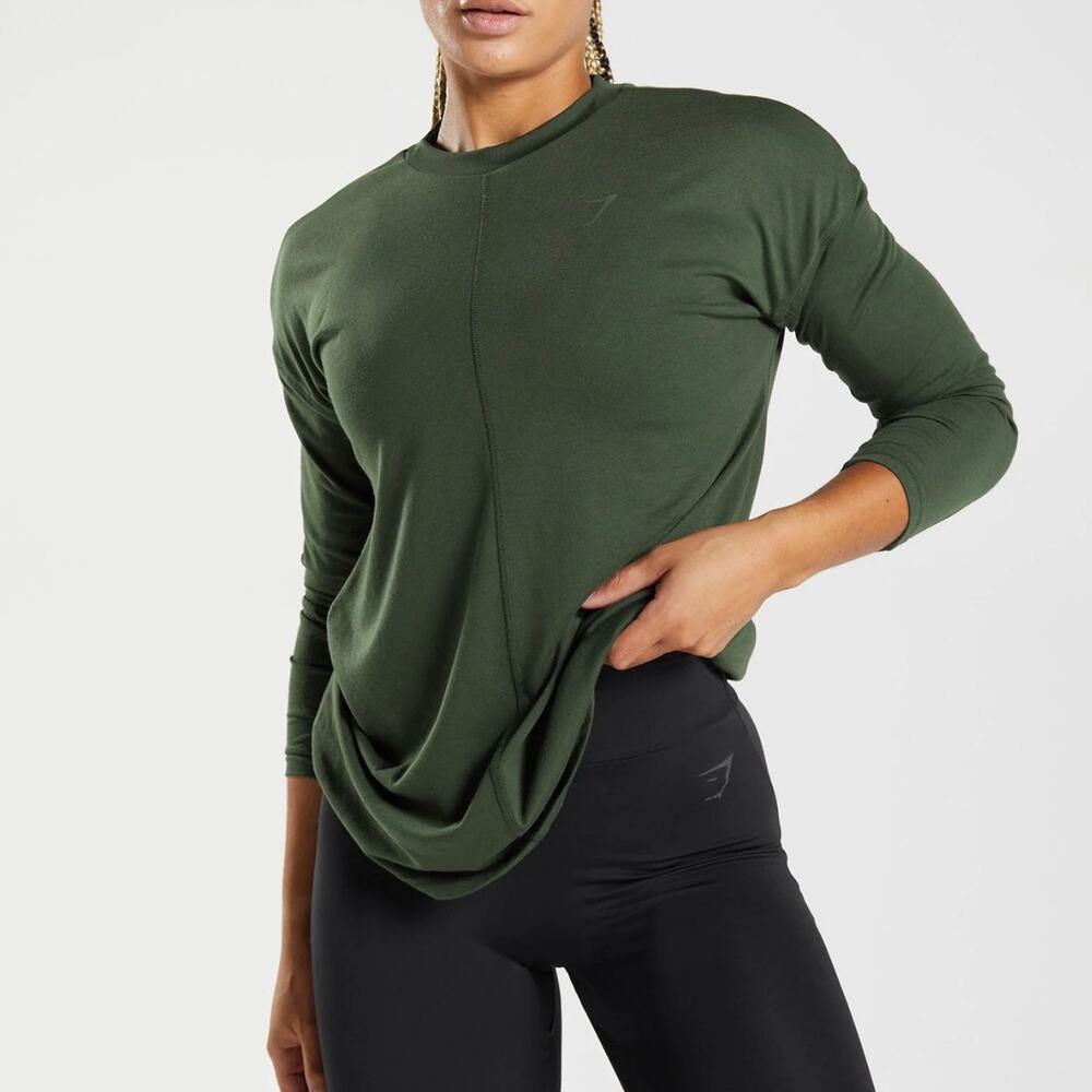 Gymshark Power Long Sleeve T-Shirt Mock Olive Green Oversized Tee Small